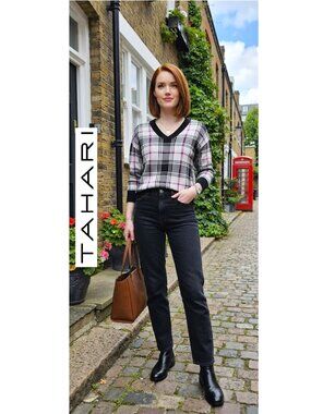 TAHARI - Plaid v-neck sweater